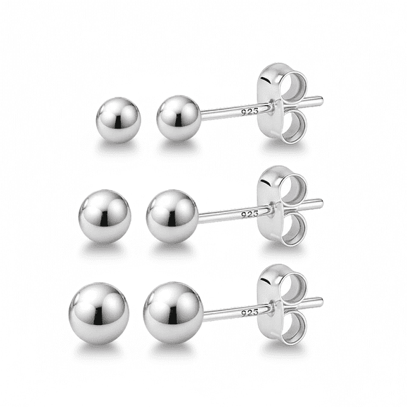 Kezef 925 Sterling Silver Round Ball Stud Earring 3-Size Set - 2mm to 4mm - Hypoallergenic