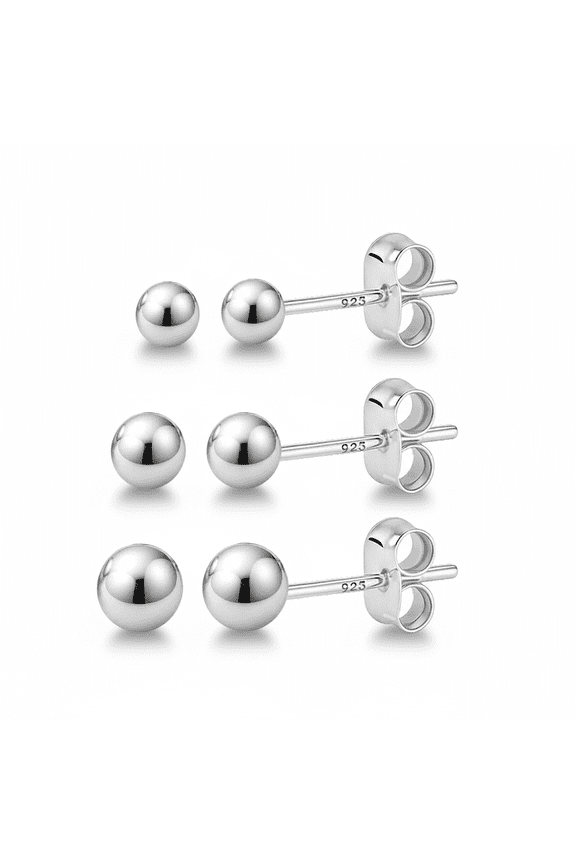 925 Sterling Silver Round Ball Stud Earring 3-Size Set - 2mm to 4mm - Hypoallergenic
