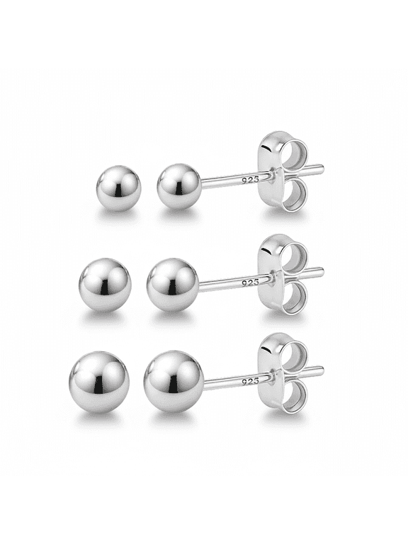 925 Sterling Silver Round Ball Stud Earring 3-Size Set - 2mm to 4mm - Hypoallergenic