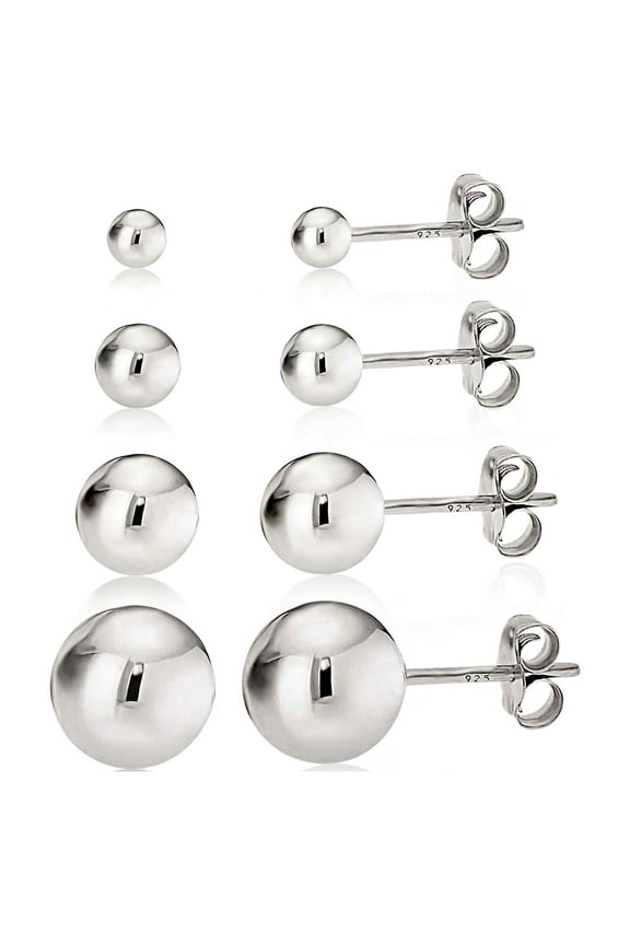 925 Sterling Silver High Polish Smooth Round Ball Stud Earring 4-Size Set - 2mm, 4mm, 6mm, 8mm
