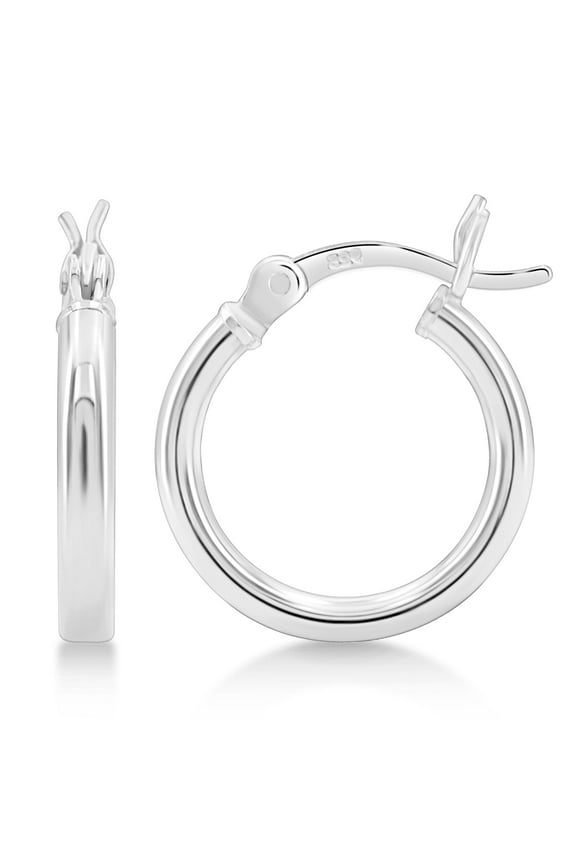 925 Sterling Silver Hoop Earrings | 2mm High Polished Silver Hoops for Women, Men | Lightweight Earring 15mm Diameter
