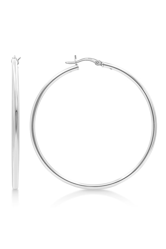 925 Sterling Silver Hoop Earrings | 2mm High Polished Silver Hoops for Women, Men | Lightweight Earring 50mm Diameter