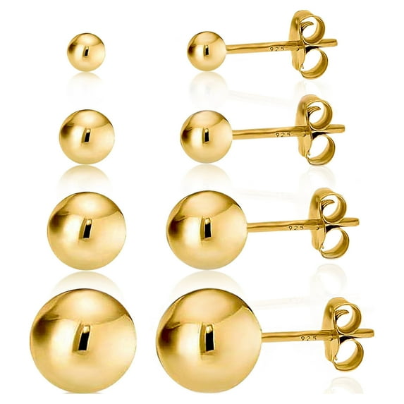 Kezef Ball Stud Earrings 14K Gold Plated Sterling, Silver Ball Stud Earrings Set, Female 2mm to 8mm