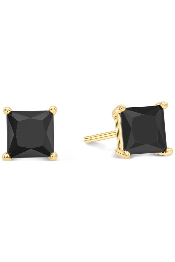 Basket Set Stud Earrings with Square Princess Cut 5x5mm Black CZ - 925 + Gold Plate