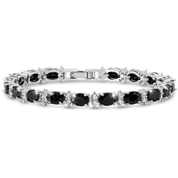 KEZEF Tennis Bracelet Black Cubic Zirconia 7x5 mm Oval & 2 mm Round Accents Silver Plated Brass Women 7 inch