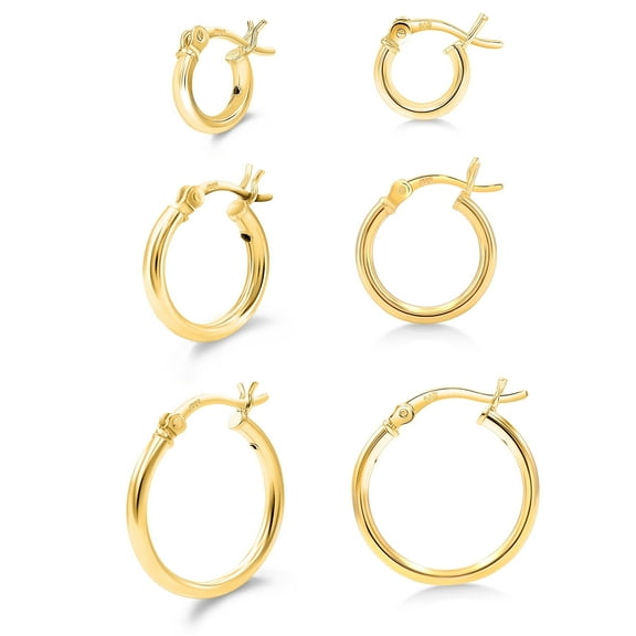 Kezef Hoop Earring Set of 3 14k Gold Plated 2mm Hoop Earrings for Women, 10, 15 & 20mm