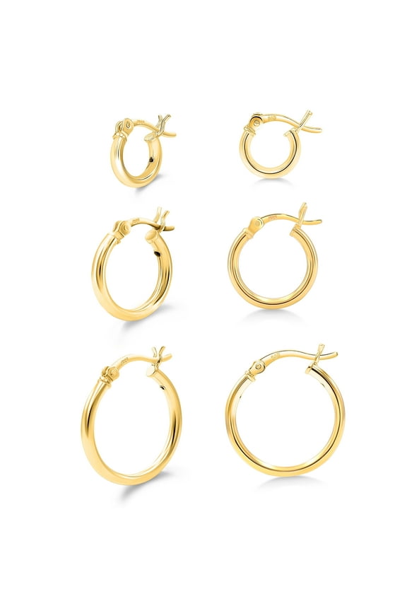 Hoop Earring Set of 3 14k Gold Plated 2mm Hoop Earrings for Women, 10, 15 & 20mm