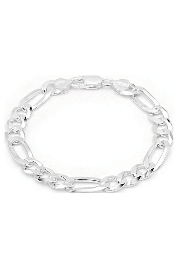 Men’s 925 Sterling Silver Figaro Chain Bracelet, 9mm Thick, Diamond-Cut, Hypoallergenic, Heavy Solid Silver, Made in Italy, Lobster Clasp, Anti-Tarnish, Gift Box, 8-36 Inch