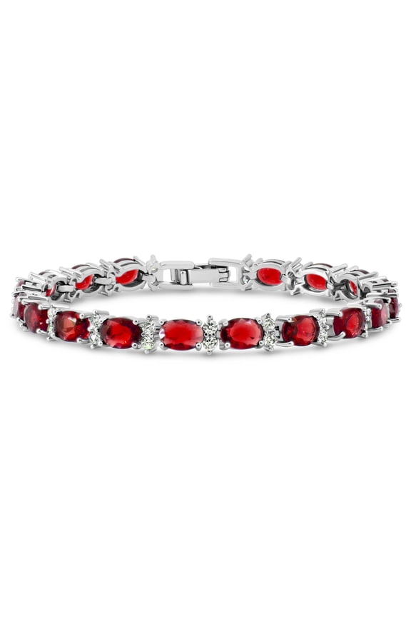 Tennis Bracelet Simulated Red Ruby 7x5 mm Oval & 2 mm Round Accents Silver Plated Brass Women 7 inch