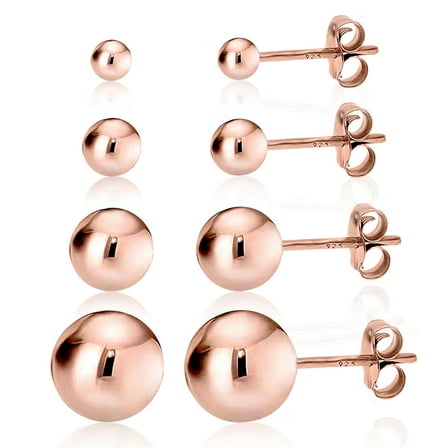 Kezef Rose Gold 925 Silver High Polish Smooth Round Ball Stud Earring 4-Size Set - 2mm,4mm,6mm,8mm