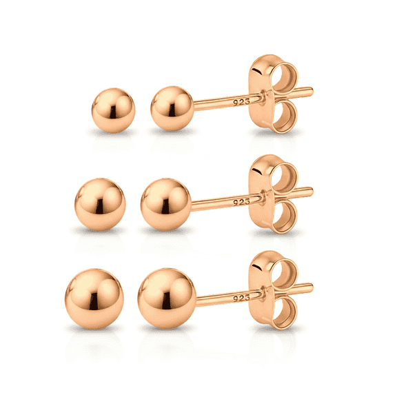 Kezef Rose Gold over 925 Silver High Polish Smooth Round Ball Stud Earring 3-Size Set - 2mm to 4mm - Hypoallergenic