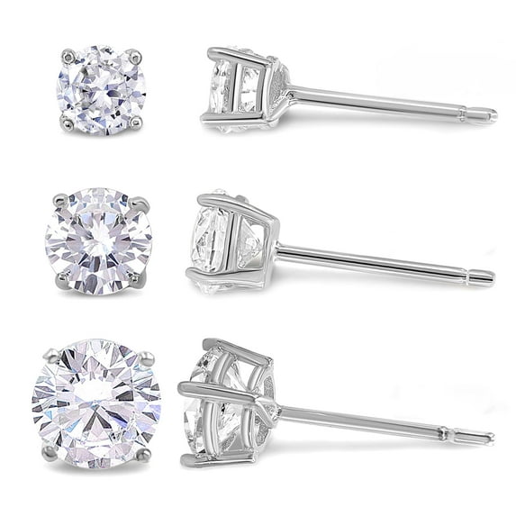 Kezef Set of 3 Cubic Zirconia Sterling Silver Stud Earrings for Women, Men 4mm, 5mm, 6mm