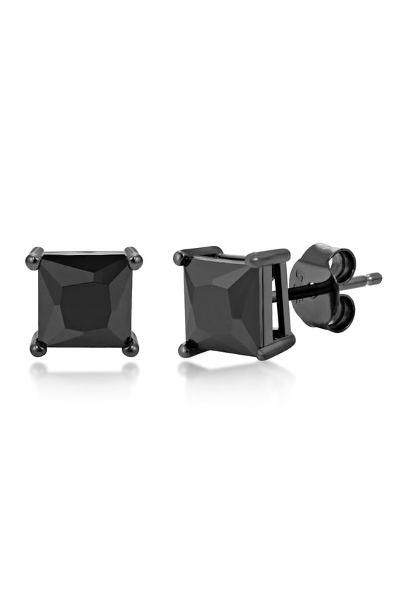 Square 8x8 Post Basket Ear Black CZ - 925 + Black Rhodium