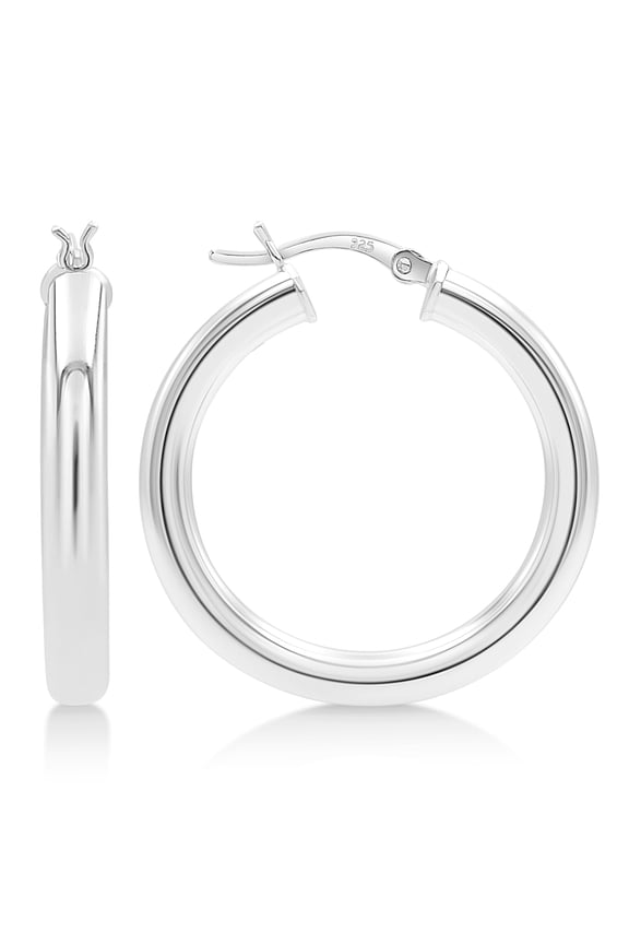 Sterling Silver Hoop Earrings for Women, Men | 4mm High Polished Lightweight Silver Hoops | 30mm Diameter | Chunky Hoop Earrings