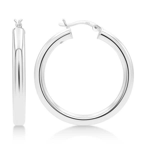 Kezef Sterling Silver Hoop Earrings for Women, Men | 4mm High Polished Lightweight Silver Hoops | 35mm Diameter | Chunky Hoop Earrings