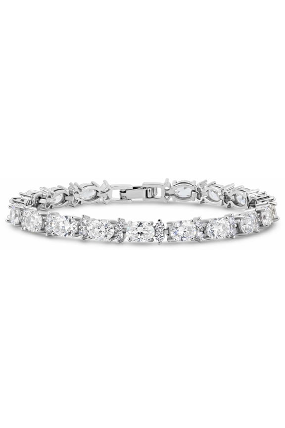 Tennis Bracelet White Cubic Zirconia 7x5 mm Oval & 2 mm Round Accents Silver Plated Brass Women 7 inch