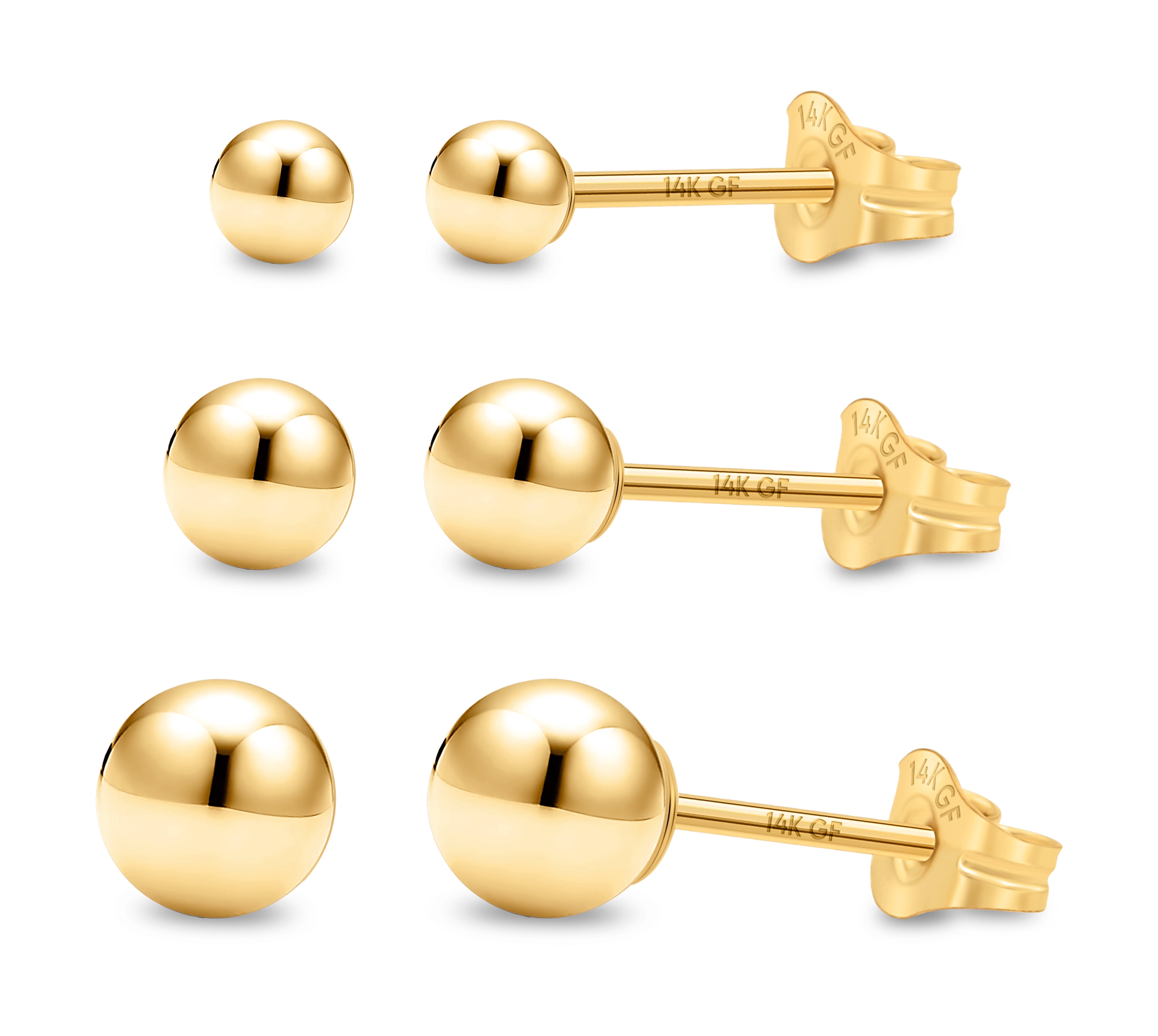 Kezef Women's 14K Gold Filled Stud Earrings, Set of 3 Real Filled Gold, 3mm to 5mm