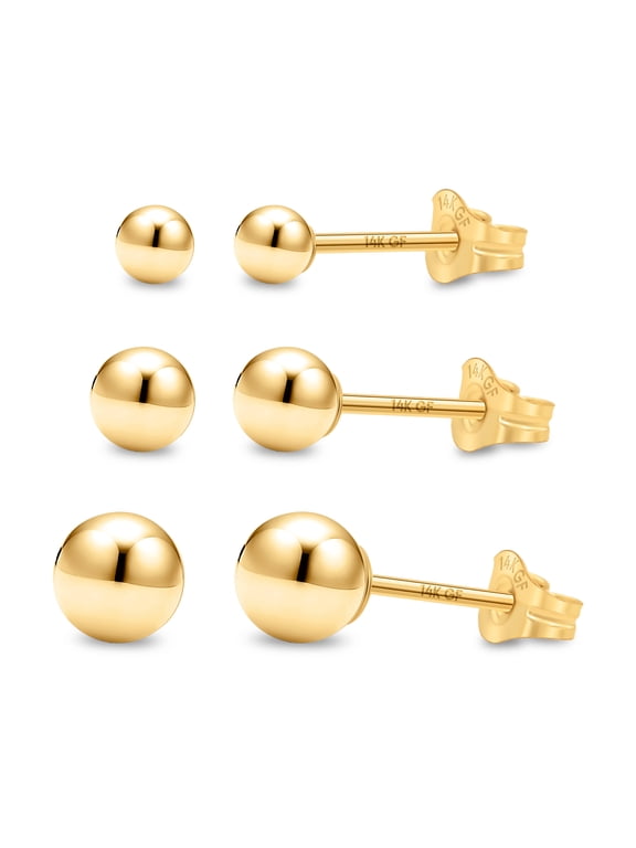 Women's 14K Gold Filled Stud Earrings, Set of 3 Real Filled Gold, 3mm to 5mm