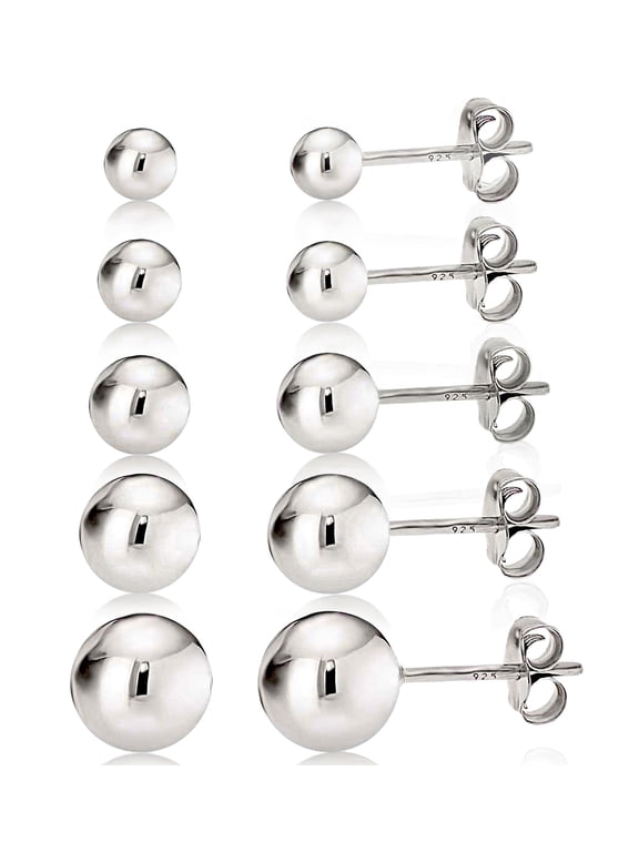 Women's 925 Sterling Silver Round Ball Stud Earring 5 Set - 3mm to 7mm