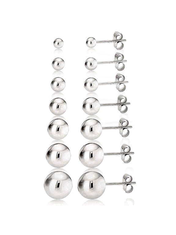 Women's Ball Stud Earrings, 925 Sterling Silver, 7-Pair Set, 2–8 mm Assorted Sizes