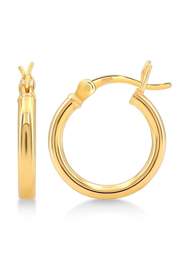 Women's High Polished Tube Hoop Earrings, Sterling Silver, 2mm, Gold