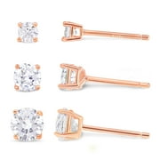 KEZEF Women's Set of 3 Cubic Zirconia Rose Gold Plated 925 Silver Stud Earrings 3mm to 5mm