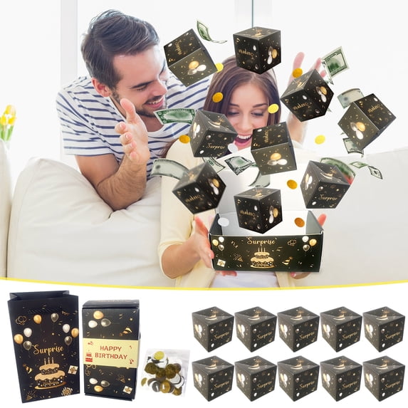 Kezqiaxn 16Pcs Birthday Surprise Gift Box Explosion for Money, Happy Bday Exploding Money Boxes with Handbag, Black Gold Cash Holder for Women Men Kids Birthday Party Supplies