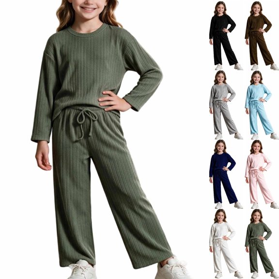 Kezqiaxn 2 Piece Lounge Set for Girls Fall Crewneck Long Sleeve Ribbed Tops and Pants Matching Set Casual Travel Outfits Kids Clothes Size 5-15