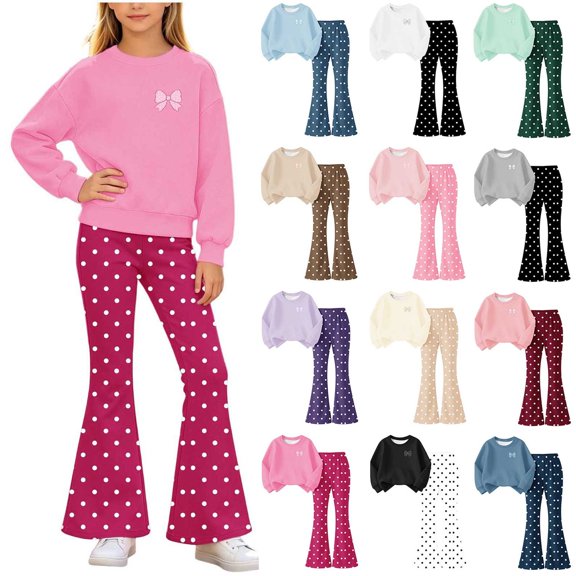 Kezqiaxn 2 Piece Lounge Set for Girls Travel Outfits Cute Bowknot Crewneck Sweatshirt and Flare Pants Jogger Suits Teens Clothes Size 5-15