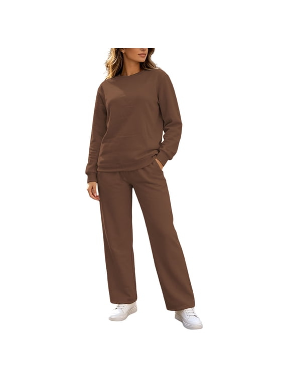2 Piece Sets for Women Track Suit Crew Neck Sweatshirts Wide Leg Pockets Sweatpants Fall Sweat Set Plus Size Outfits Coffee XXL