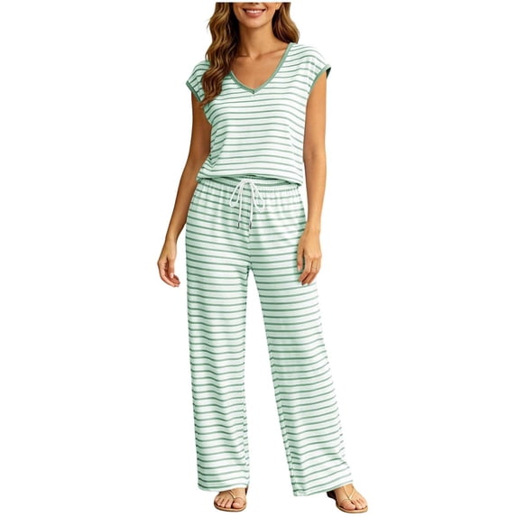 Kezqiaxn 2 Piece Sets for Women Summer Striped Short Sleeve Casual Tops Drawstring Wide Leg Pants Summer Outfits Fashion Clothing