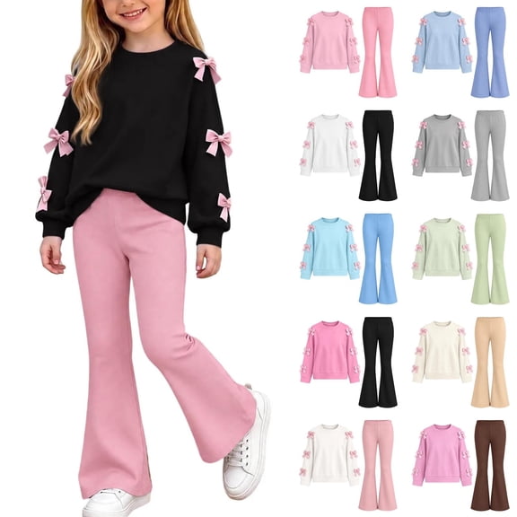 Kezqiaxn 2 Piece Winter Outfit for Girls Cute Bowknot Pullover Sweatshirt and Flared Pants Matching Sets Teen Girl Clothes Size 5-15