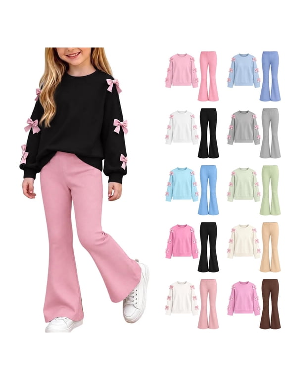 2 Piece Winter Outfit for Girls Cute Bowknot Pullover Sweatshirt and Flared Pants Matching Sets Teen Girl Clothes Size 5-15