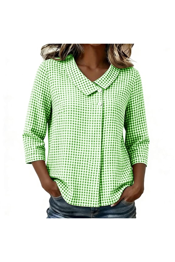 3/4 Length Sleeve Womens Tops Checkered Collared Button Up Shirts Dressy Work Blouses Plus Size Clothes for Women