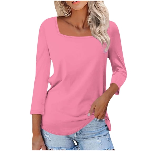 Kezqiaxn 3/4 Length Sleeve Womens Tops Summer Square Neckline Work Shirts Blouses for Women Dressy Casual Plus Size Fashion