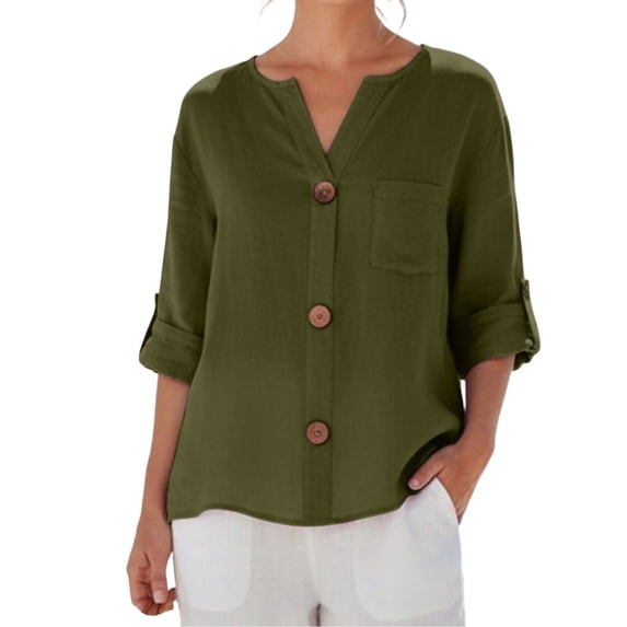 Kezqiaxn 3/4 Length Sleeve Womens Tops Summer V-Neck Button Up Shirt Loose Fit Work Blouses Plus Size Fashion