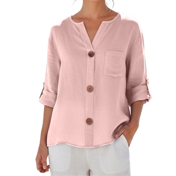 Kezqiaxn 3/4 Length Sleeve Womens Tops Summer V-Neck Button Up Shirt Loose Fit Work Blouses Plus Size Fashion