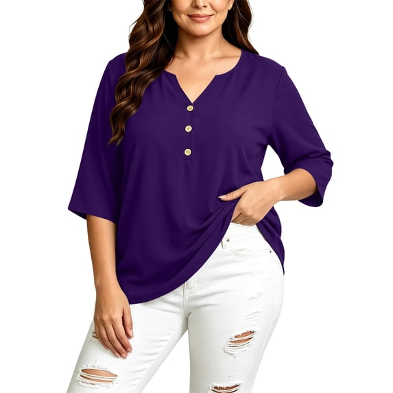 Kezqiaxn 3/4 Length Sleeve Womens Tops V-Neck Button Up Shirt Business Work Blouses Plus Size Clothes for Women