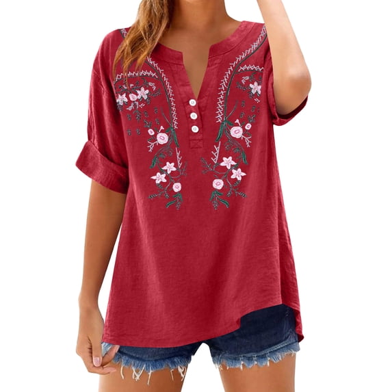 Kezqiaxn 3/4 Sleeve Blouses for Women v-neck Embroidery Button Up Shirt Womens Summer Tops Fashion Clothing