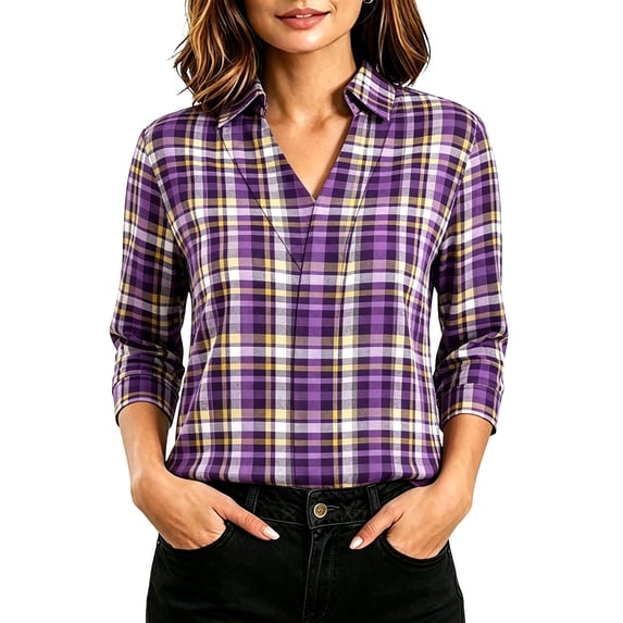 Kezqiaxn 3/4 Sleeve Tops for Women Summer Checkered Pattern V-Neck Casual Work Shirts Plus Size Blouse Fashion Clothing