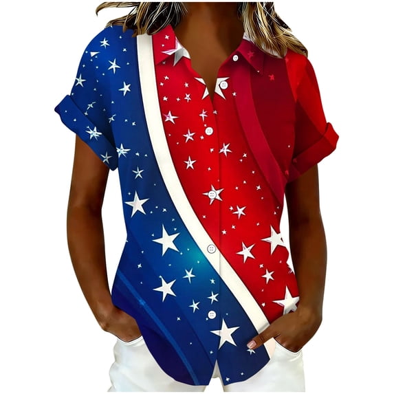 Kezqiaxn 4Th Of July Womens Button Down Blouse Short Sleeve Casual Dressy Collared Shirt Summer Tops for Women Fashion Clothing 2026