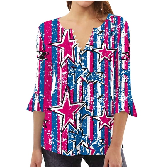 Kezqiaxn 4Th Of July Womens Clothes Fashion 3/4 Sleeve V-Neck Ruched Button Shirt Summer Tops Plus Size Blouses for Women