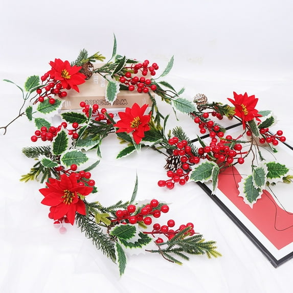Kezqiaxn 6.56Ft Red Berry Christmas Garland with Pinecones and Poinsettia, Artificial Berries Garland Poinsettia Christmas Decorations for Indoor Outdoor Fireplace Winter Holiday Xmas Home Decor Red