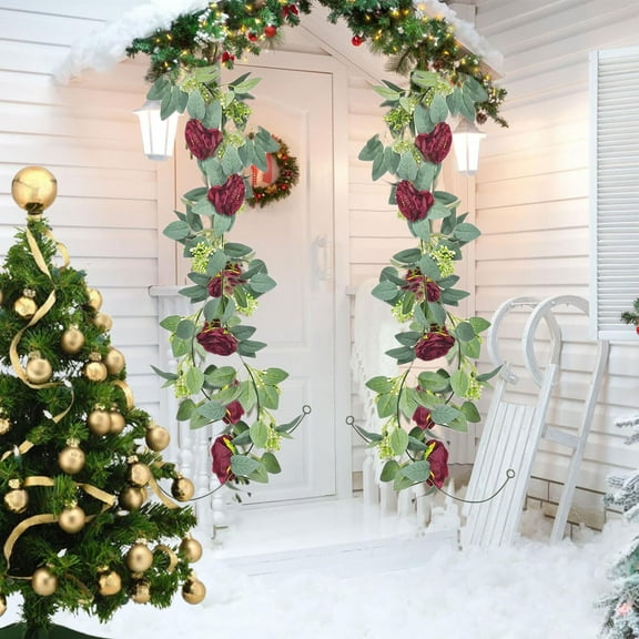 Kezqiaxn Artificial Christmas Garland, 6.6Ft Christmas Garlands with Rose Flower, Fake Palnt Garland Holiday Christmas Garland for Mantle Stairs Railing Indoor Outdoor Party Decor Red