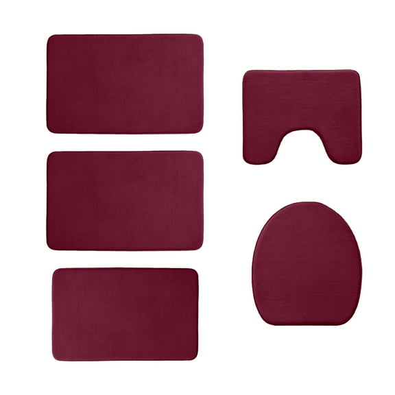 Kezqiaxn Bathroom Rugs Set Memory Foam Bath Mat 5 Set Bathroom Rugs for 5 Pcs Toilet Mats Universal Soft Comfortable Water Absorption Non-Slip Thick Machine Washable Easy Dry Dark Color Red