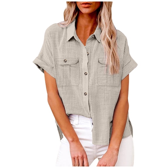 Kezqiaxn Blouses for Women Casual Dressy Collared Button Up Shirts with Pockets Summer Short Sleeve Cute Tops Fashion Clothing