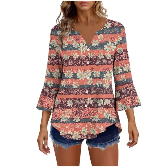 Kezqiaxn Blouses for Women Dressy Casual 3/4 Sleeve V-Neck Loose Butoon Up Shirts Summer Women's Tops Fashion Clothing
