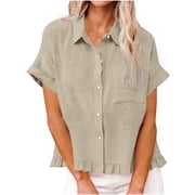 Kezqiaxn Blouses for Women Dressy Casual Button Up Shirt with Pocket Short Sleeve Collared Summer Tops Fashion Clothing