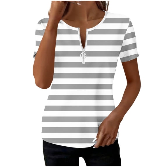 Kezqiaxn Blouses for Women Dressy Casual Zipper Short Sleeve V-Neck Work Shirts with Pocket Loose Tunic Blouses