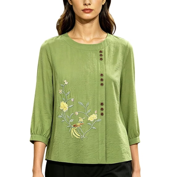 Kezqiaxn Blouses for Women Dressy Embroidery Half Sleeve Crew Neck Casual Loose Shirts Summer Tops Plus Size Fashion